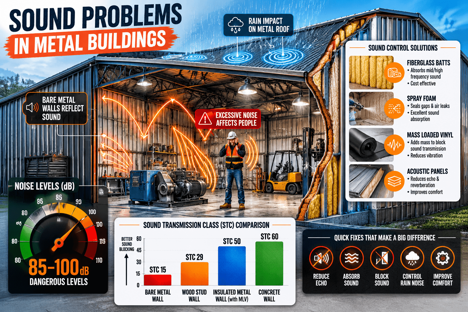 Noise problems in metal buildings