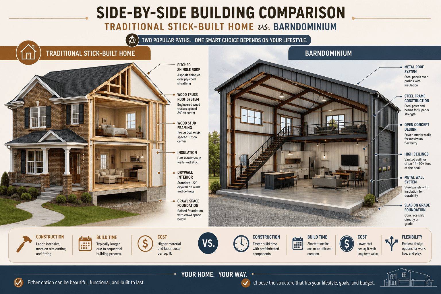 Traditional stick-built home vs barndominium